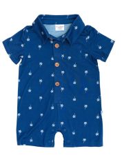 Classic Blue Palm Tree Short Sleeve Collared Henley Romper Classic Blue Palm Tree Short Sleeve Collared Henley Romper
