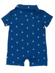 Classic Blue Palm Tree Short Sleeve Collared Henley Romper Back Classic Blue Palm Tree Short Sleeve Collared Henley Romper Back