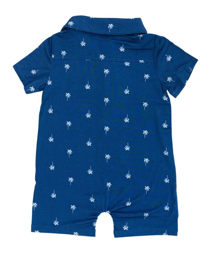 Classic Blue Palm Tree Short Sleeve Collared Henley Romper - Image 4