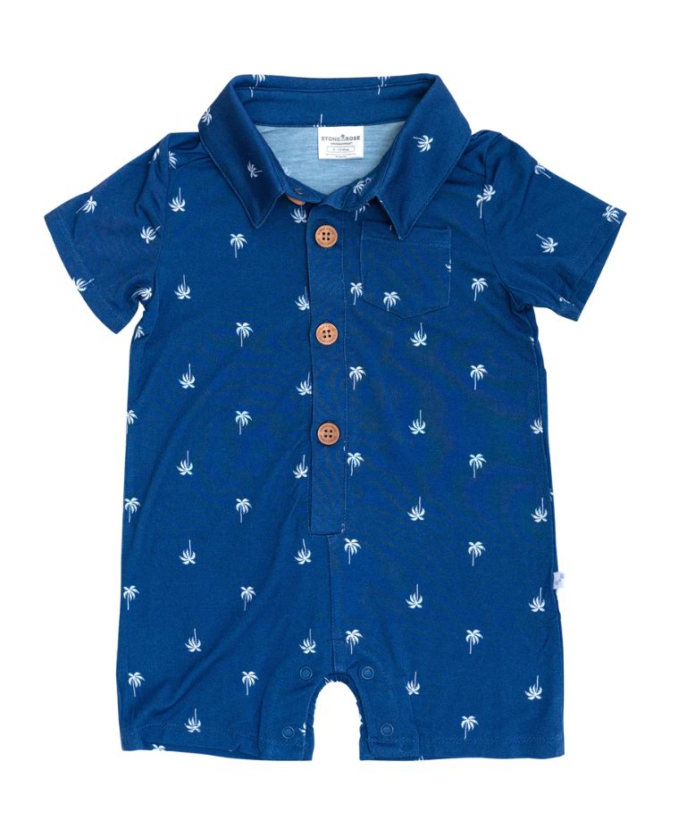 Classic Blue Palm Tree Short Sleeve Collared Henley Romper
