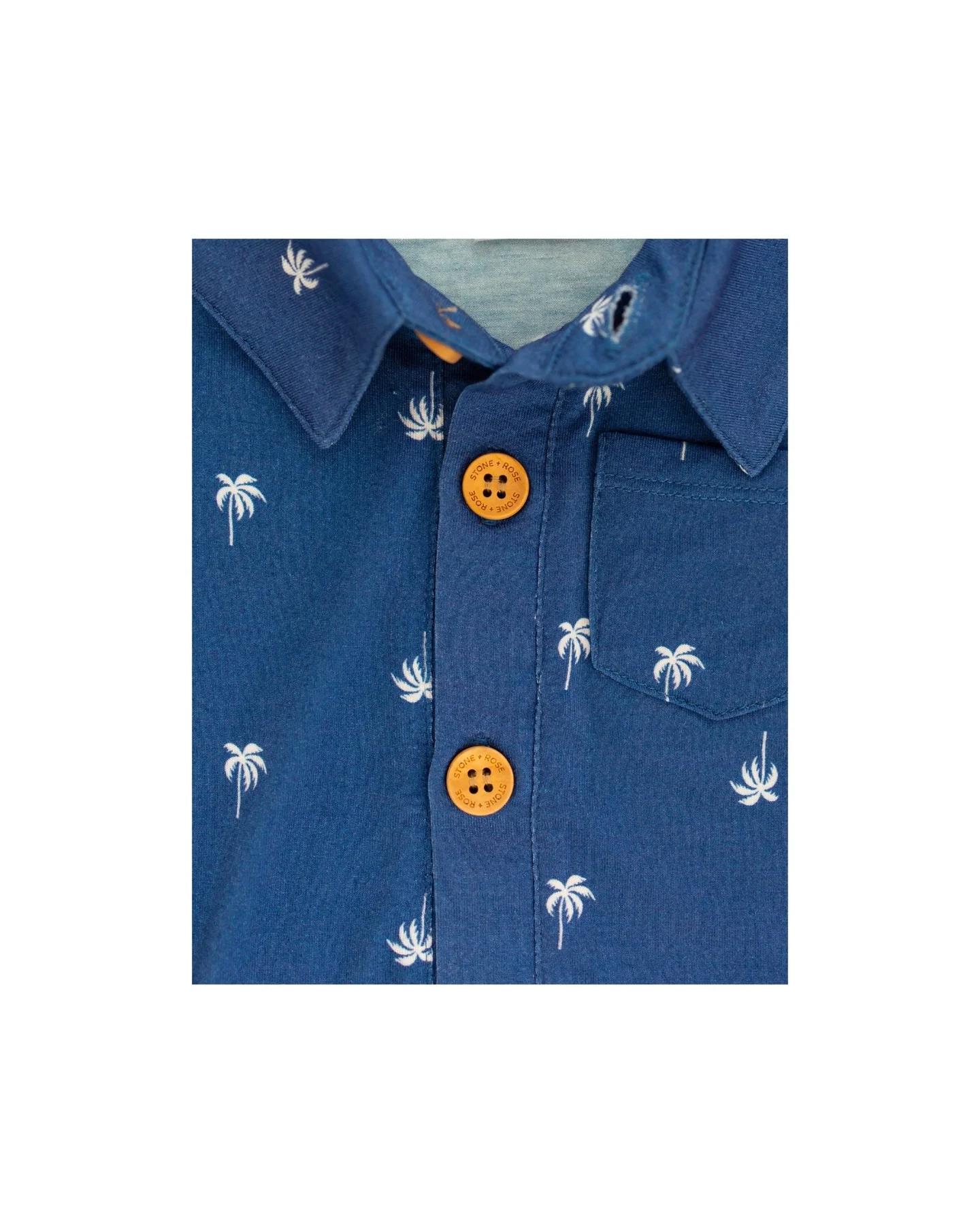 Classic Blue Palm Tree Short Sleeve Collared Henley Romper - Image 3